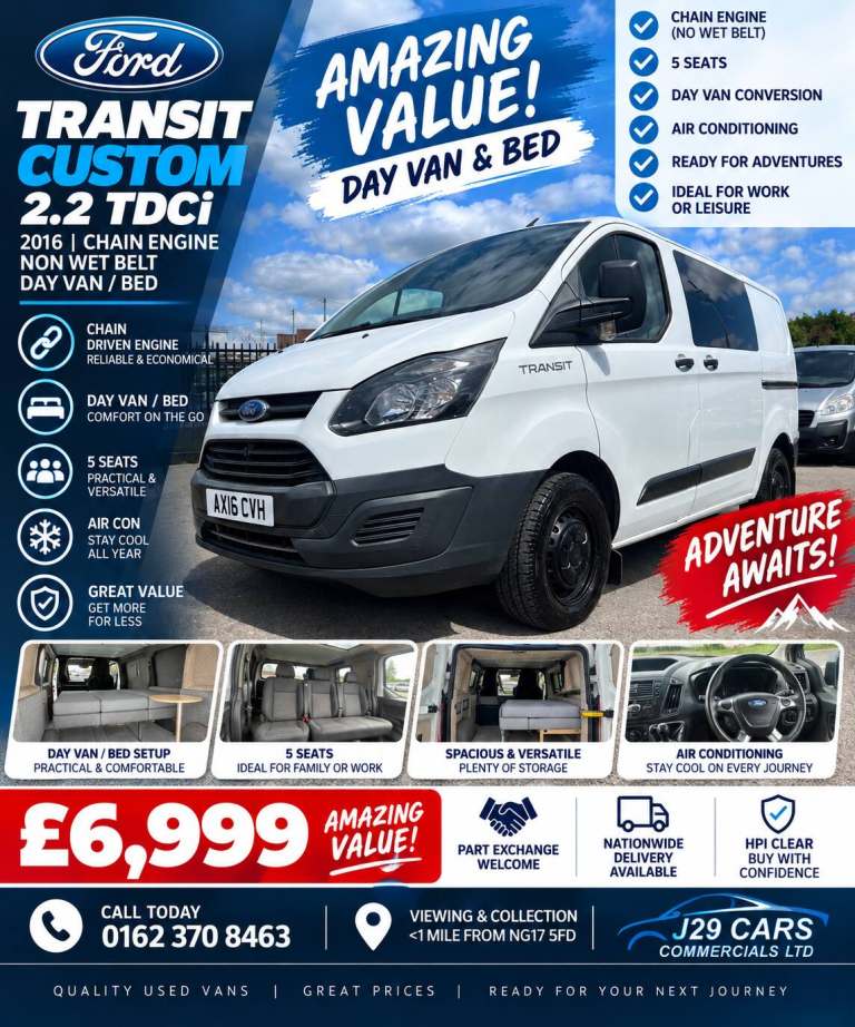 2016 FORD TRANSIT CUSTOM 2.2 CHAIN ENGINE NON WET BELT DAY VAN BED