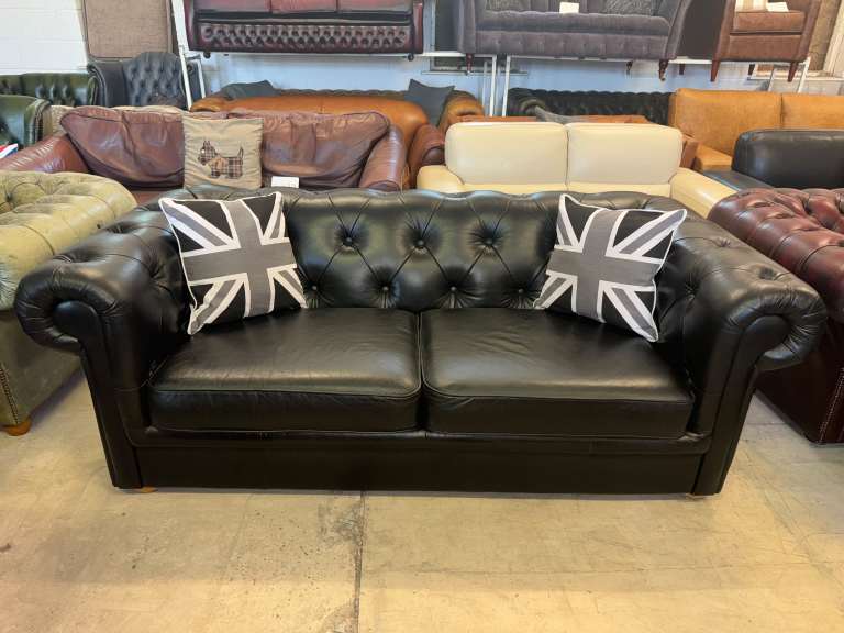 DFS Chesterfield Black Real Leather Three Seater Sofa Deliv Poss