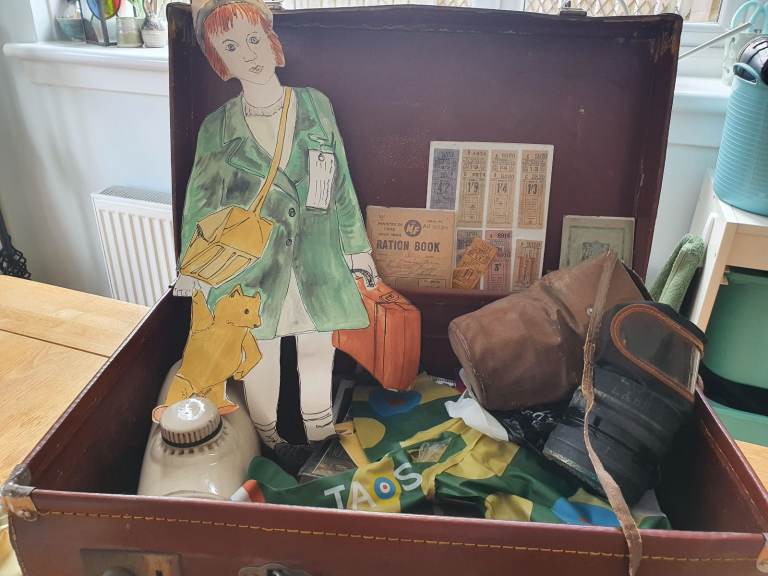 WW2 evacuee style suitcase with resources and collectables