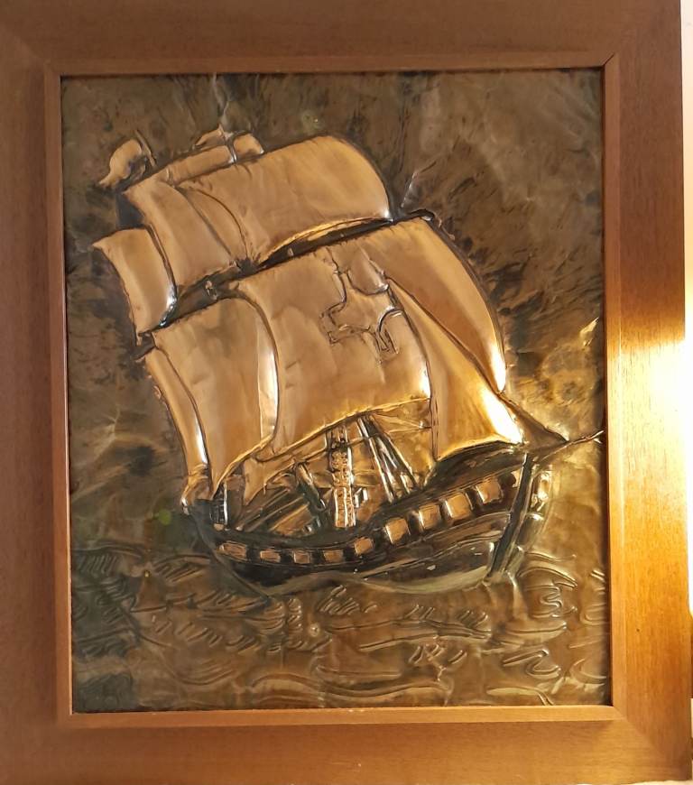 Two vintage Original Artisan Maritime Artworks, Copper Galleon and Stained Glass Fishing Scene