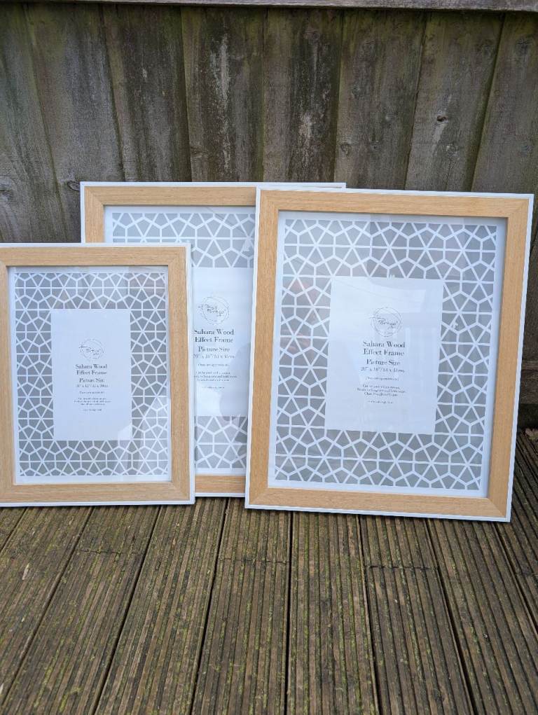 3 x PICTURE FRAMES excellent condition. WOOD EFFECT WITH WHITE EDGE