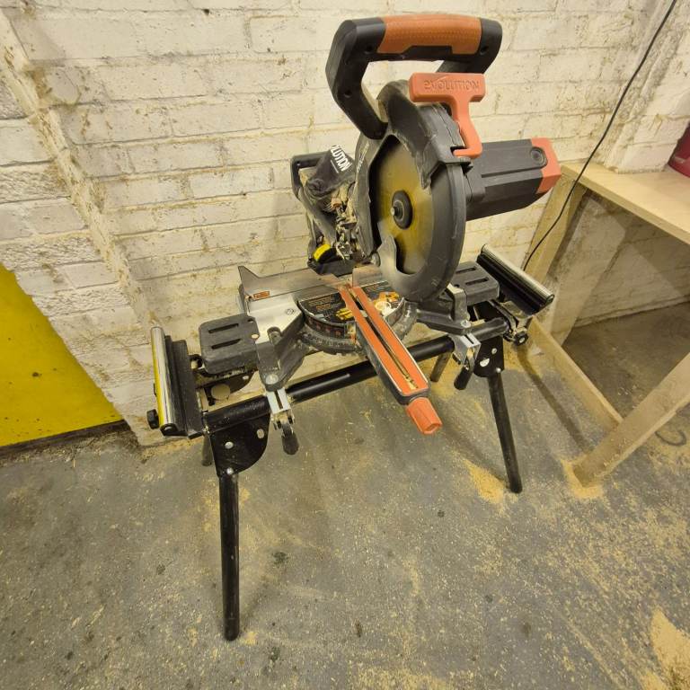 Evolution R255 SMS+ 255mm sliding mitre/chop saw with stand