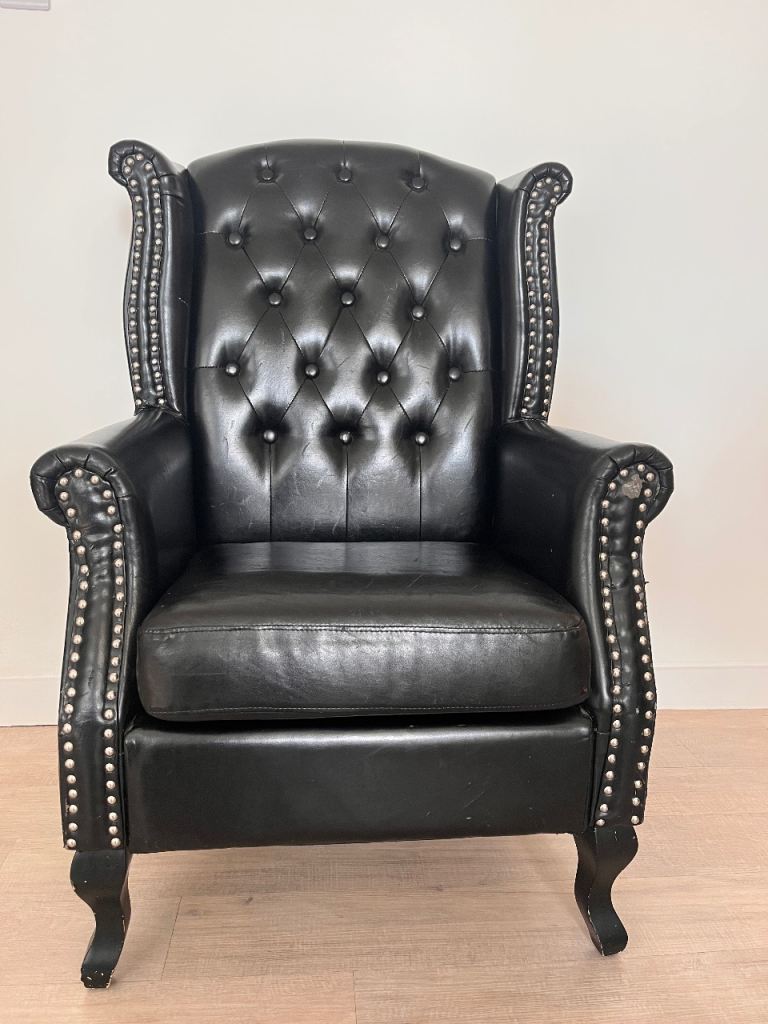Black Leather Chesterfield Wing Back Accent Armchair