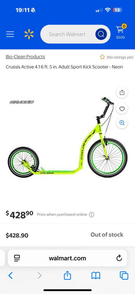 SOLD.  Crussis Urban 4.1 6 ft. 7 in. Adult Sport Kick Scooter - Yellow and Green/Black and Green 