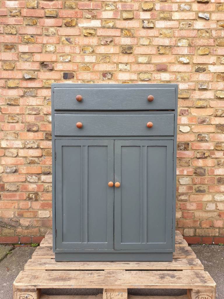 Mid Century Vintage wooden Cupboard with Two Drawers and porcelain knobs