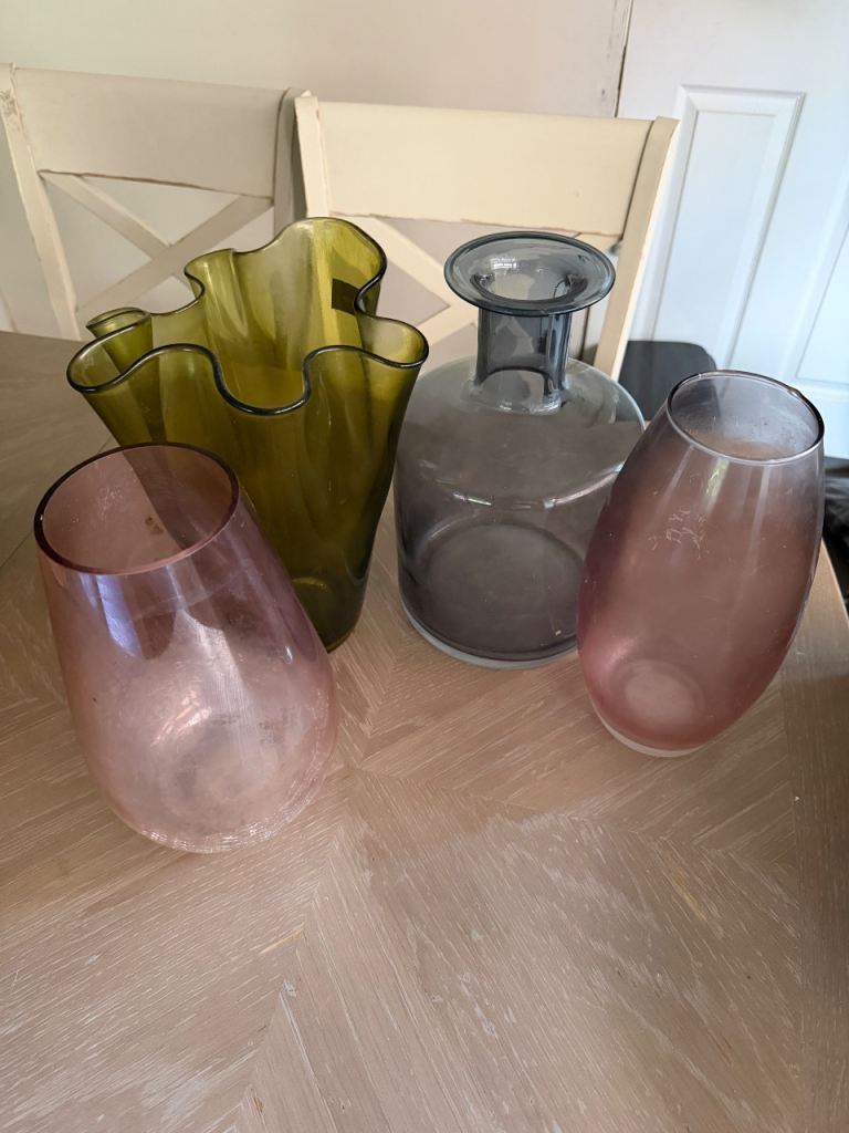 Set of 4 Glass Vases – Mixed Colours, Good Condition