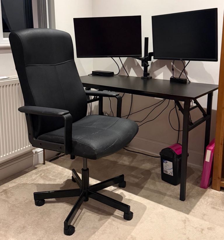 Computer table, chair and dual monitor setup