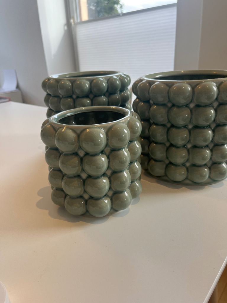 Set of 3 Green Bubble Design Ceramic Pots/Planters