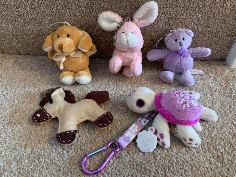 5 plush keychain soft toy animals VGC - Dog, Rabbit, Bear, Horse + Turtle