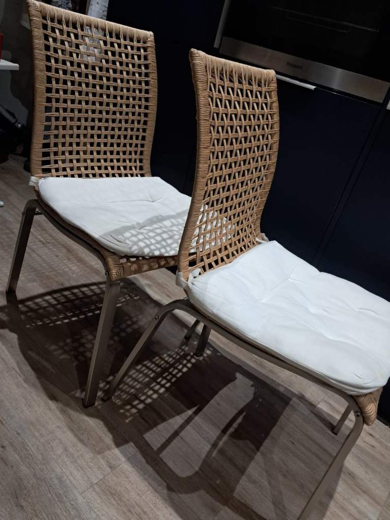 Pair of Woven Rattan Dining Chairs with Cushions