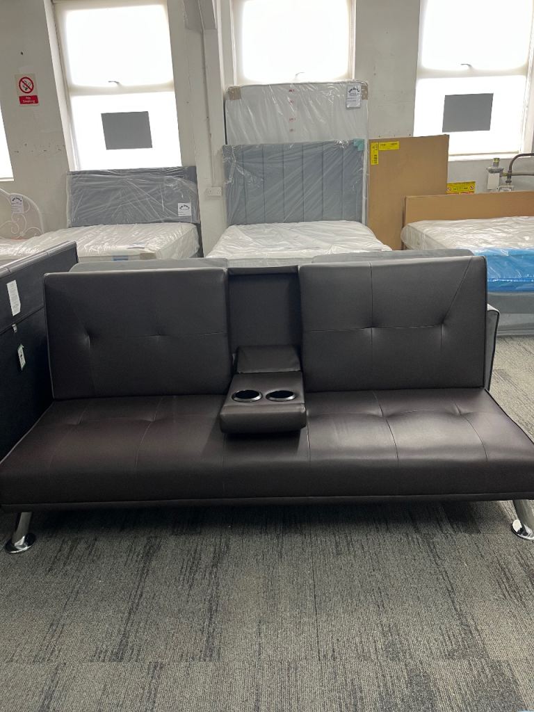 image for Chocolate Brown Faux Leather Click Clack Sofa Bed With Cup Holders 