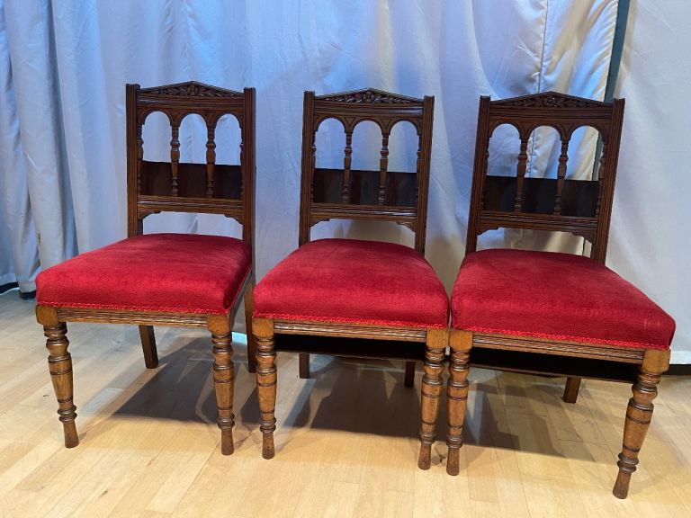 Set of 8 Vintage Wooden Dining Chairs with Red Upholstery