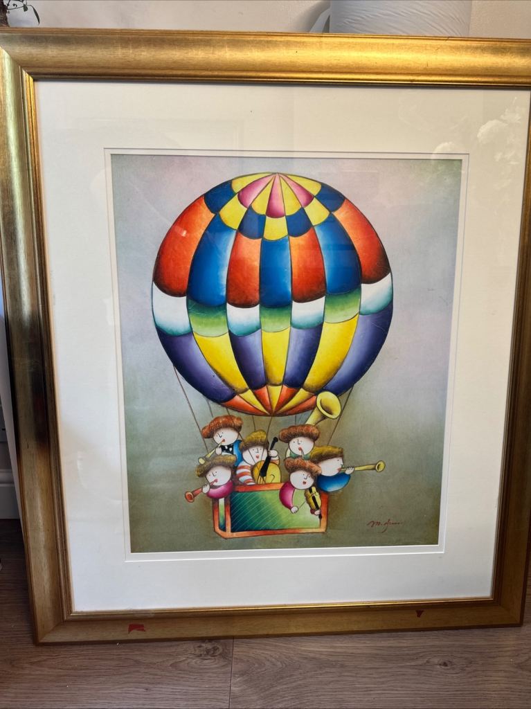 Framed Hot Air Balloon Painting with Musicians – Gold Frame