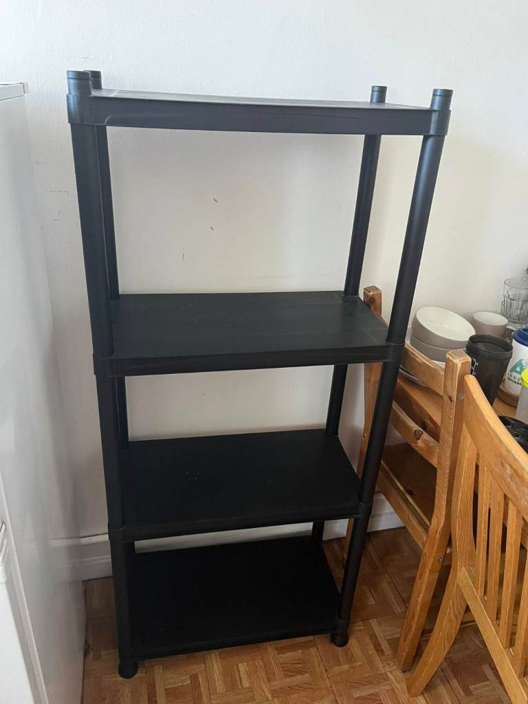 4 Tier Black Plastic Shelving Unit – Garage Warehouse Shop Storage Rack