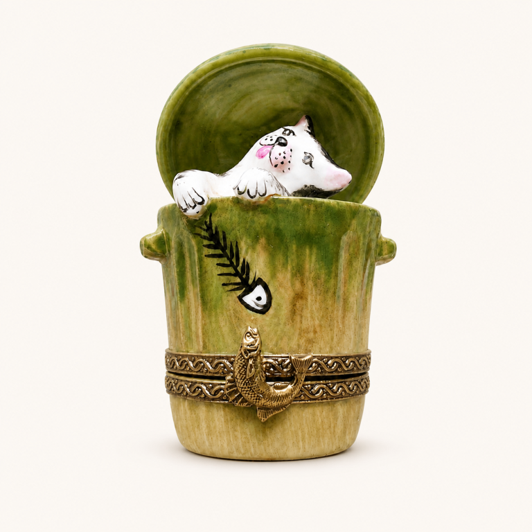Limoges France Peint Main Cat Dustbin Trinket Box