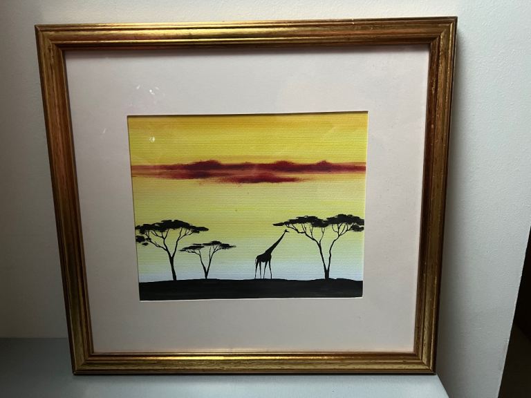 Beautiful original giraffe painting frame 43 x 34 cm approx
