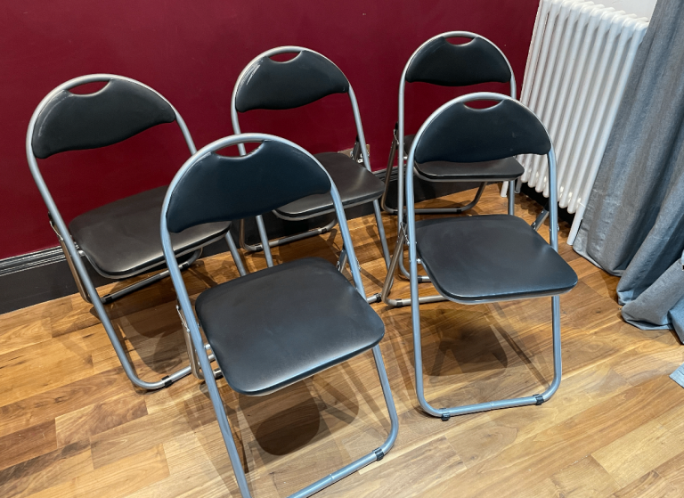 Set of 5 Black Metal Folding Chairs – Good Condition