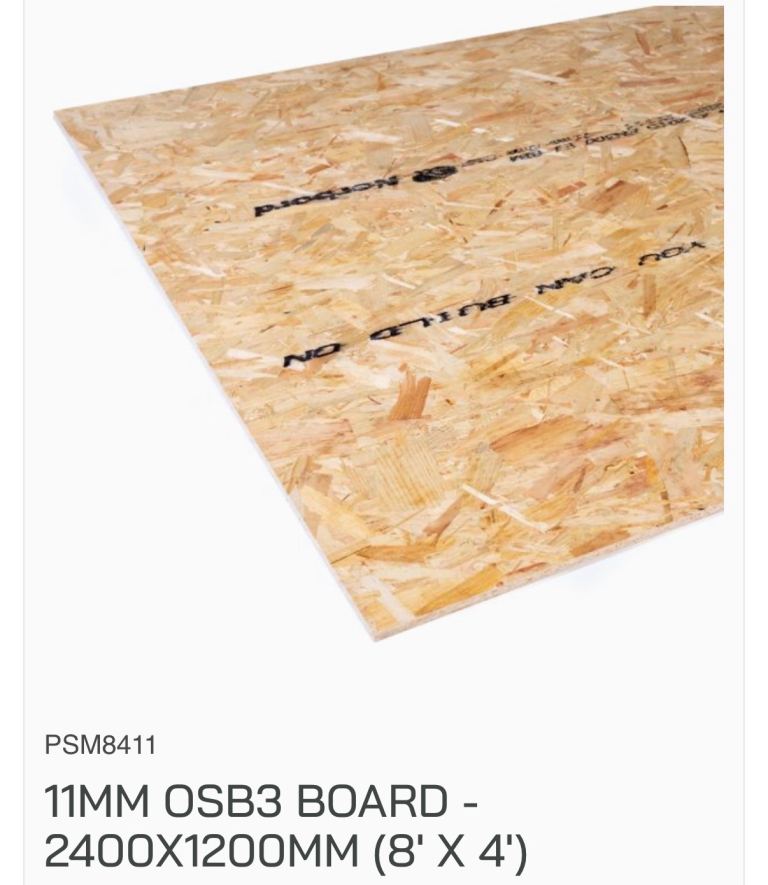 11MM OSB3 WOODEN BOARDS 8FT X 4FT - SEALED WITH BITUMEN