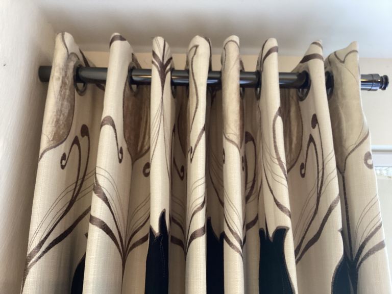 CURTAINS   BEIGE/BLACK   66” WIDE x 90” DROP