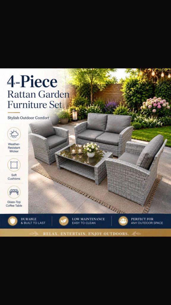 Brand new 4-piece grey rattan garden furniture set.🔥🇬🇧