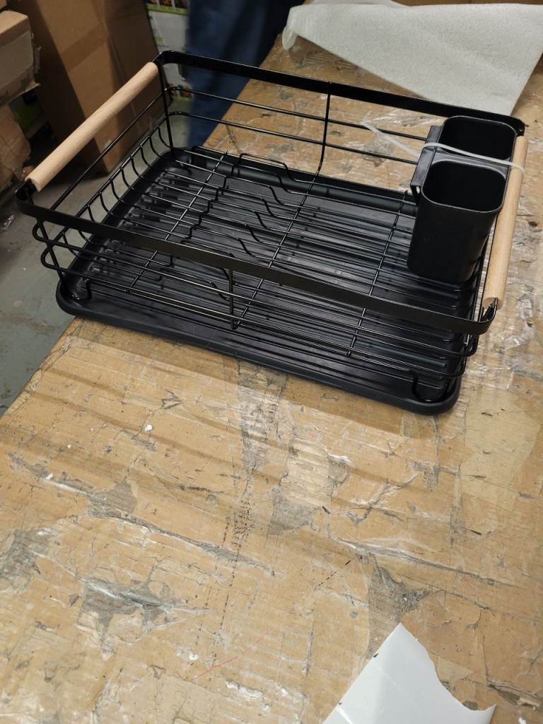 A new still boxed black  metal Dish Drying Rack with white plastic  Draining 