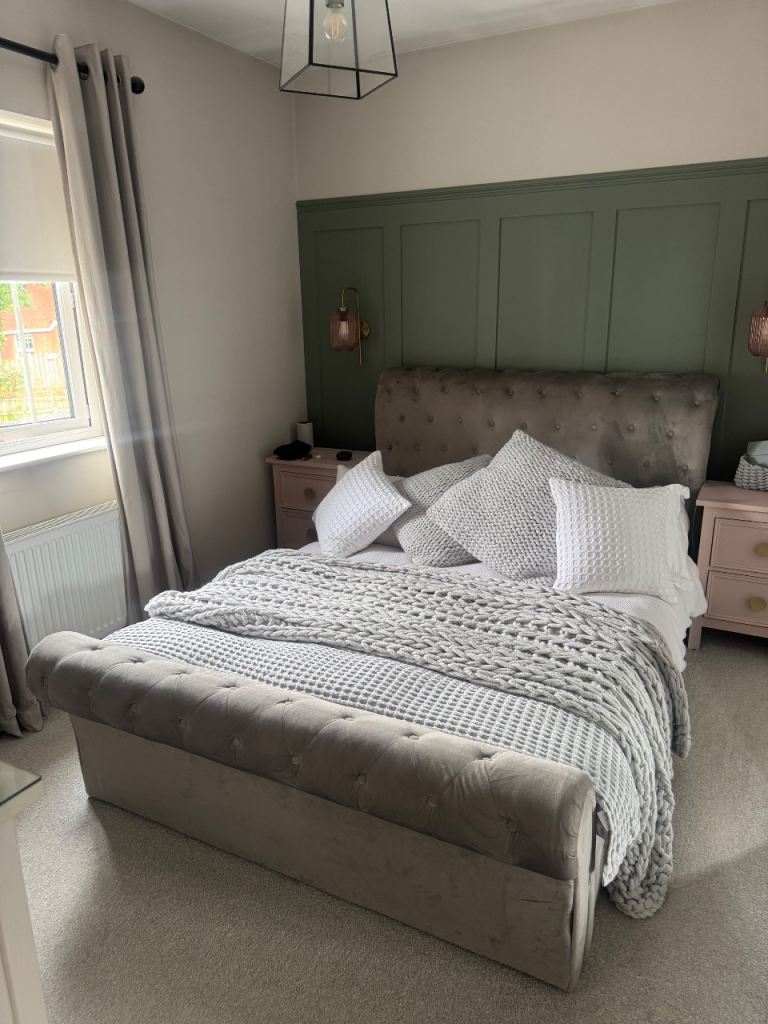 Grey velvet ottoman storage bed with under-bed storage