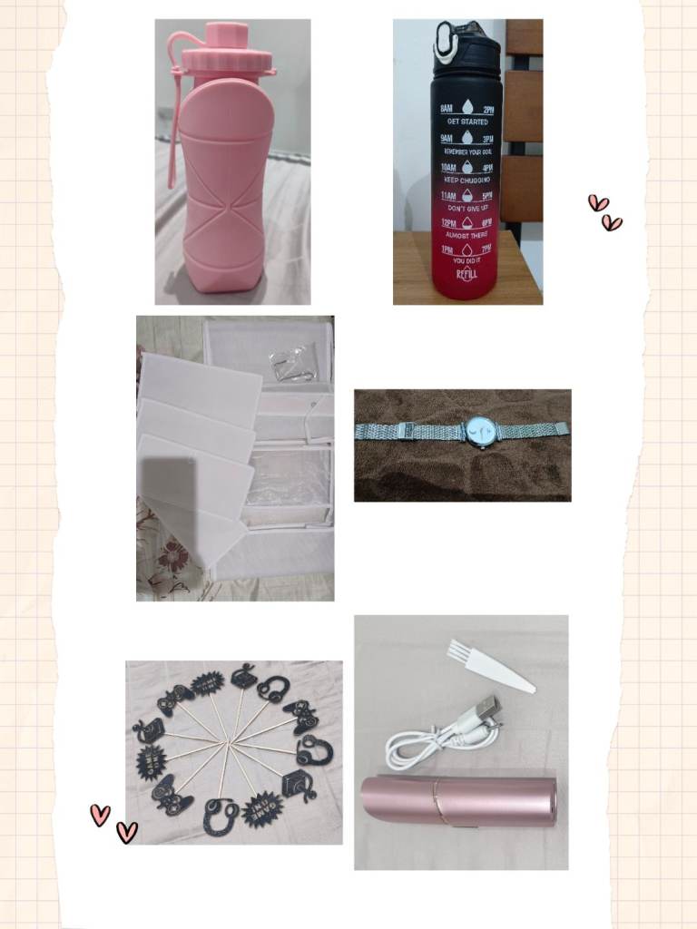 2 water bottle, watch , storage organizer, facial hair remover with cupcake toppers.