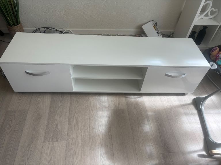 White TV Unit with Storage – Good Condition