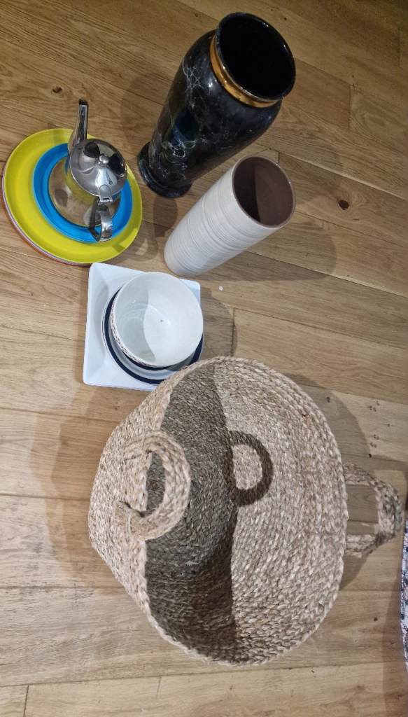 Free Mixed Home Items - Vases, Basket, Kettle, Plates
