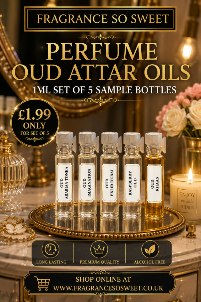 Perfume Oud Attar Oils Set of 5 x 1ml Sample Bottles.