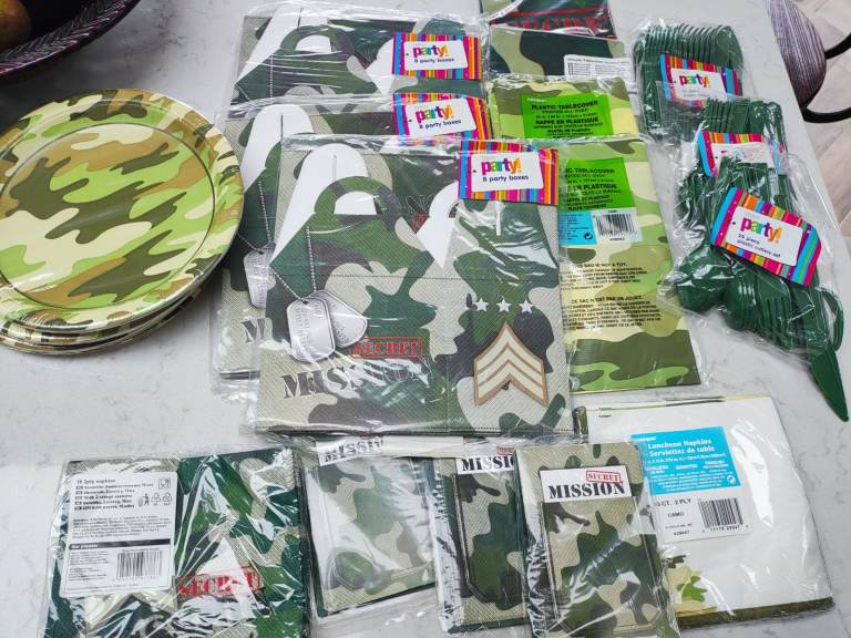 Army, Camo Party, birthday, supplies job lot. Plates, cutlery table covers, invites napkins, boxes
