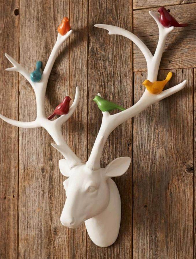 White Deer Head Wall Decor with Colourful Birds – Good Condition