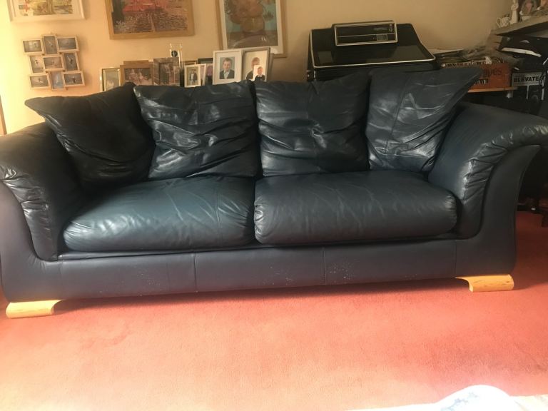 Comfortable Blue Leather Sofa – Good Condition