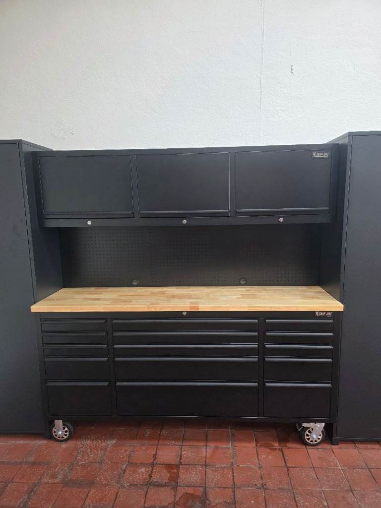 72" Wide 15 Drawer Tool Box Chest With Upper Cabinets Wooden Work Bench