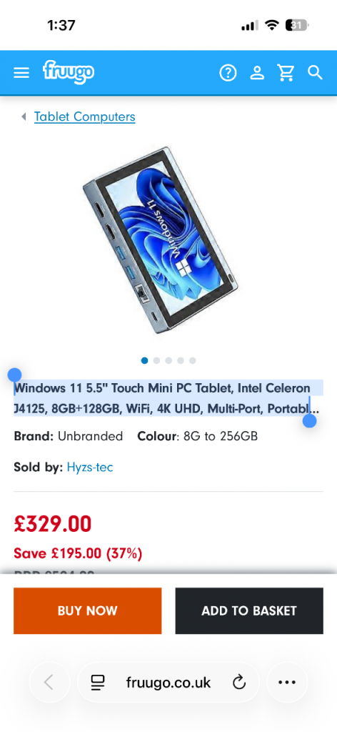 image for Windows 11 5.5" Touch Mini PC Tablet laptop Intel Celeron J4125, 8GB 256GB,4K UHD, Multi-port 