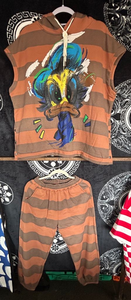 Brown Striped Hoodie Top & Trousers Set with Cartoon Duck