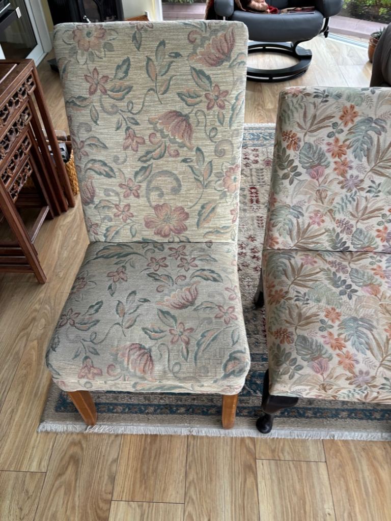 Pair of Floral Upholstered Dining Chairs – Good Condition