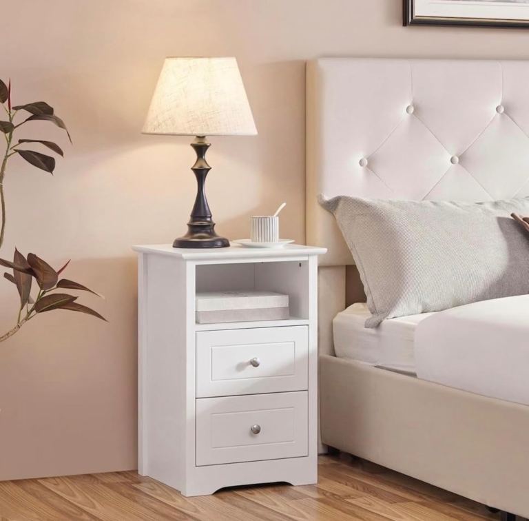 White Bedside Table with 2 Drawers and Shelf