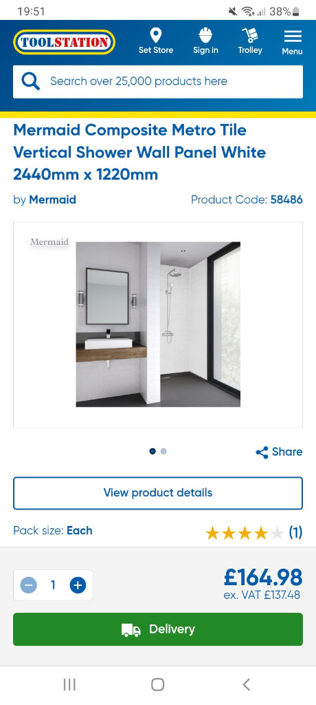 image for MERMAID COMPOSITE METRO TILE WHITE VERTICAL SHOWER WALL PANEL BRAND NEW