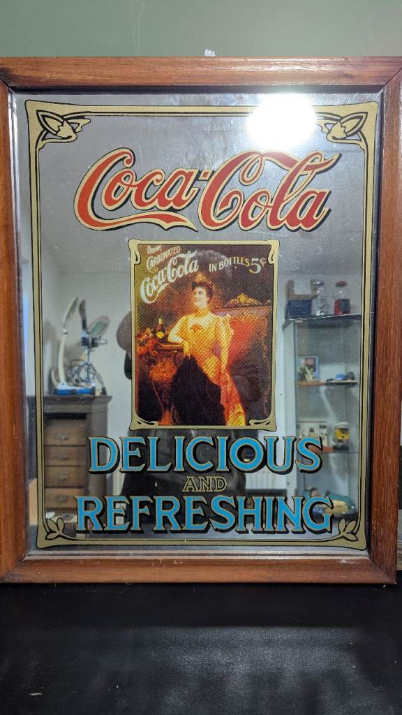 Vintage Coca-Cola MIRROR with Wooden Frame - 'Delicious and Refreshing'