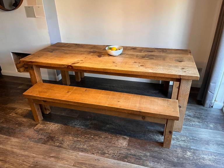 Solid Oak Dining Table + 2 Benches – Large Rustic Set