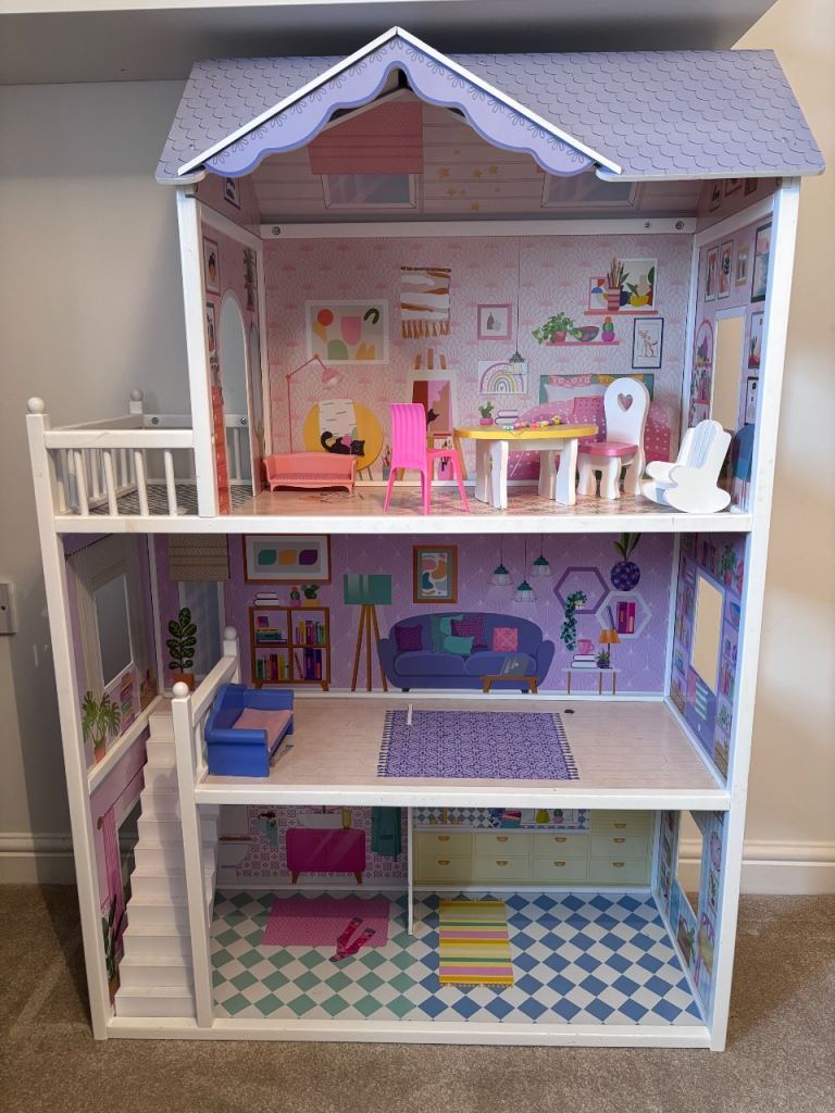 Large Wooden Dollhouse with Furniture – Good Condition