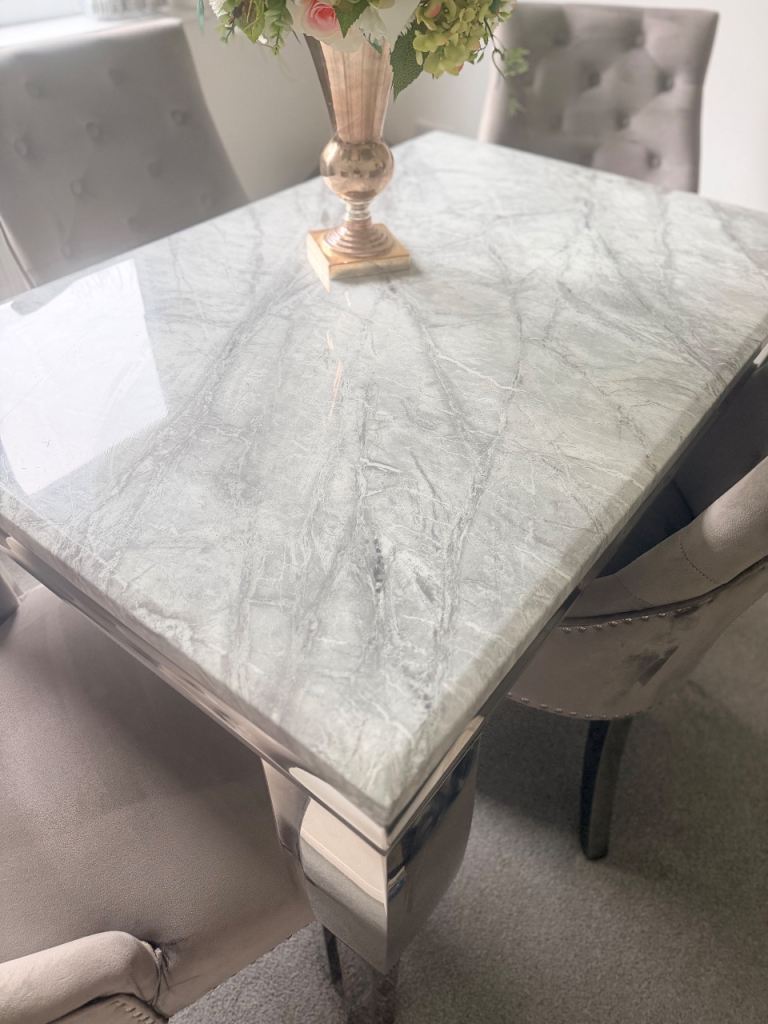 Marble Dining Table with 4 Grey Velvet Chairs – As Good As New | in ...