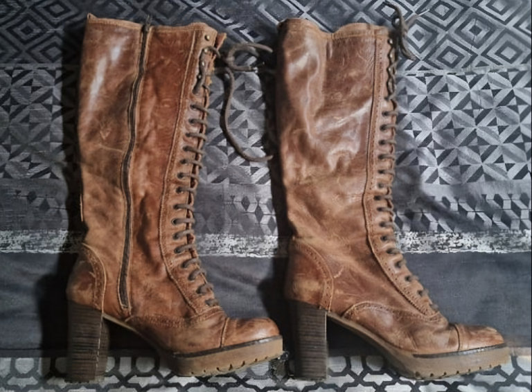  Vintage Brown Lace-Up Leather Boots with Chunky Heel uk6