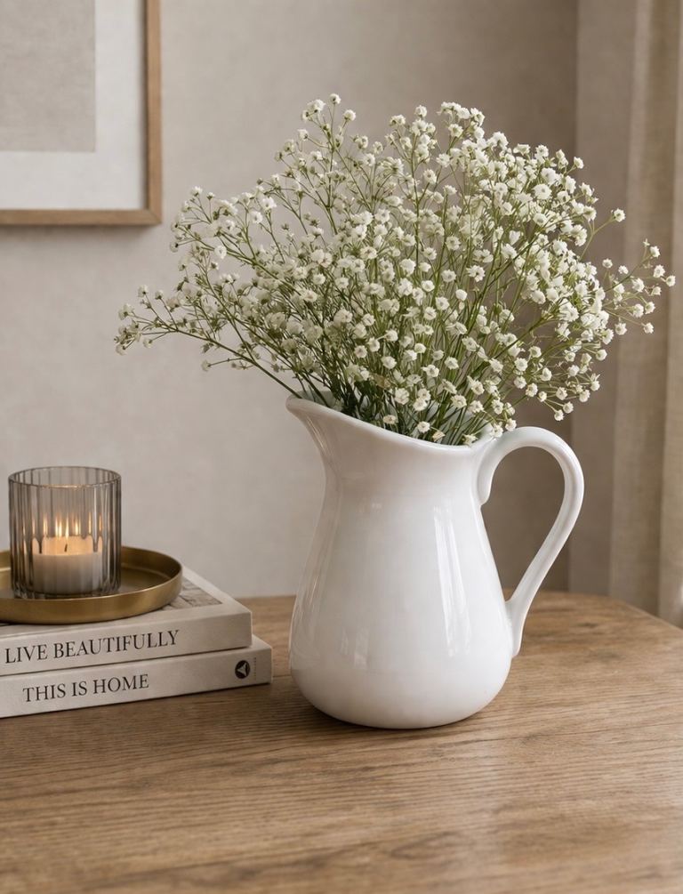 Rustic White Jug Vase with Flowers – Farmhouse Home Decor