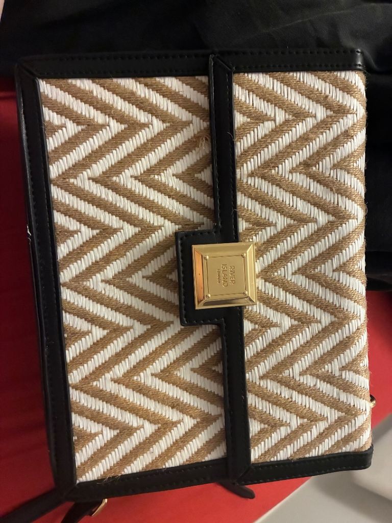 Stylish Black & Tan River Island Chevron Crossbody Bag – Good Condition