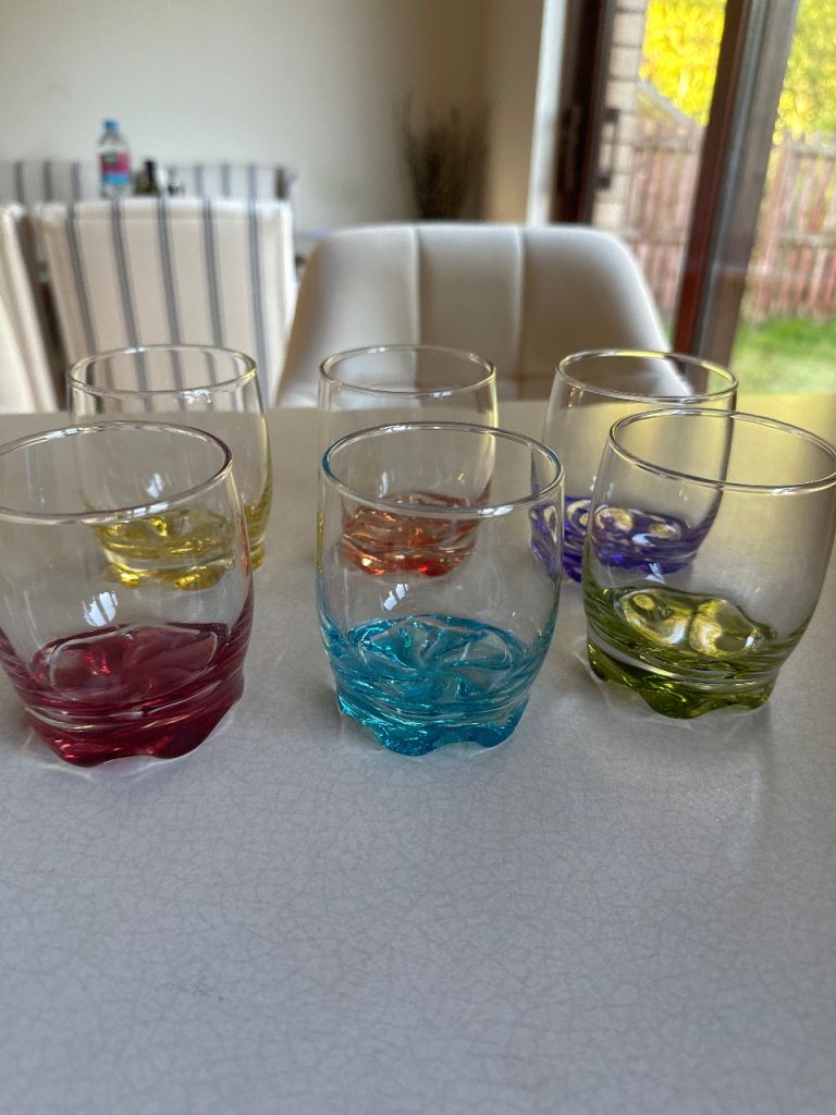 Set of 6 Multicoloured Glass Tumblers – Good Condition