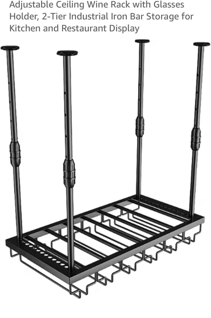 Adjustable Ceiling Wine Rack with Glass Holder – Black Metal