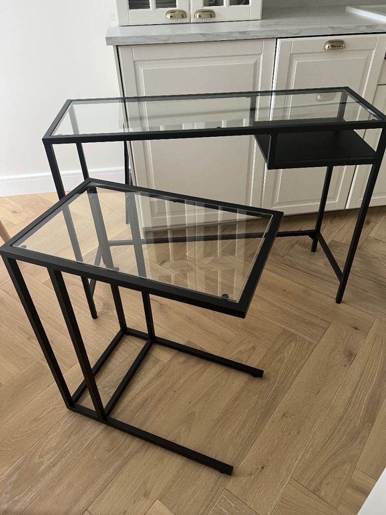 IKEA Black Glass Desk/ Console Table and Laptop Stand, Industrial Minimalist Style 