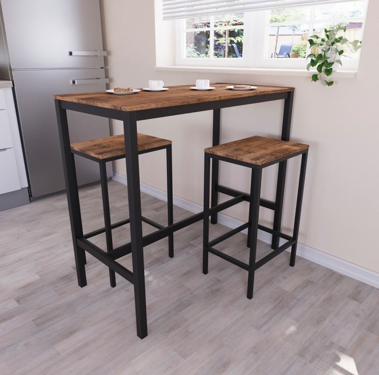 Brand New Dark Wood and Metal Bar Table and Chairs 